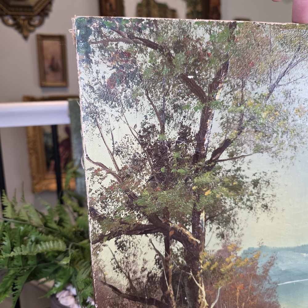 Vintage Signed Oil Painting Landscape River Forest Autumn Canvas 16"x20" - Picture 7 of 11